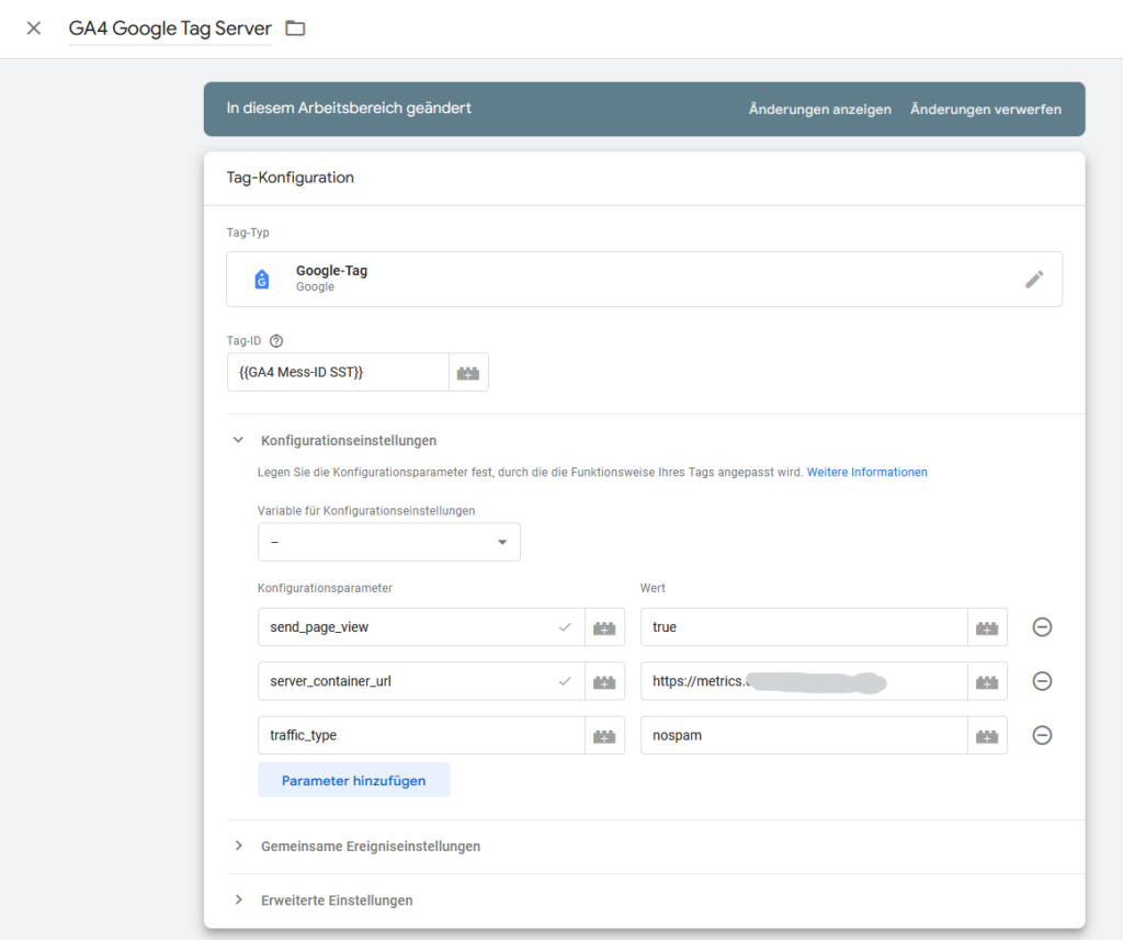 Configuration of the GA4 tag for server-side tagging in the GTM web container